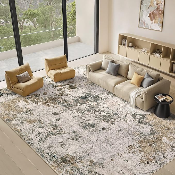 Area Rugs for Living Room: 7x9 Abstract Washable Rug Large Soft Stain Resistant Non-Slip Backing for Bedroom Dining Room Indoor Home Office Carpet for Kids Pet Friendly Families - Dark Brown