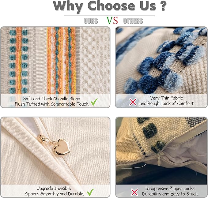 KOOLIFE Fall Boho Chenille Tufted Couch Throw Pillow Covers 18x18 Inch Set of 2 Farmhouse Striped Decorative Pillow Covers Accent Neutral Pillowcase Yellow Teal Cushion Cover for Living Room Sofa Bed