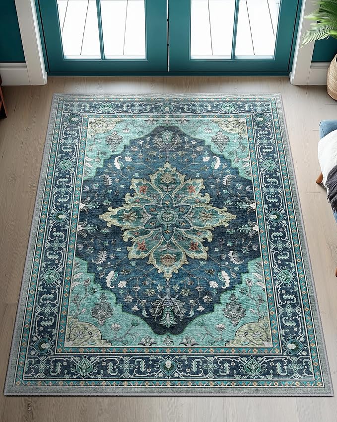 RELEANY Area Rugs 3'x4' Washable Non-Slip, Floral Vintage Distress Print Pattern Medallion Carpet for Living Room Bedroom Dining Room, Teal Green Lake Blue Turquoise