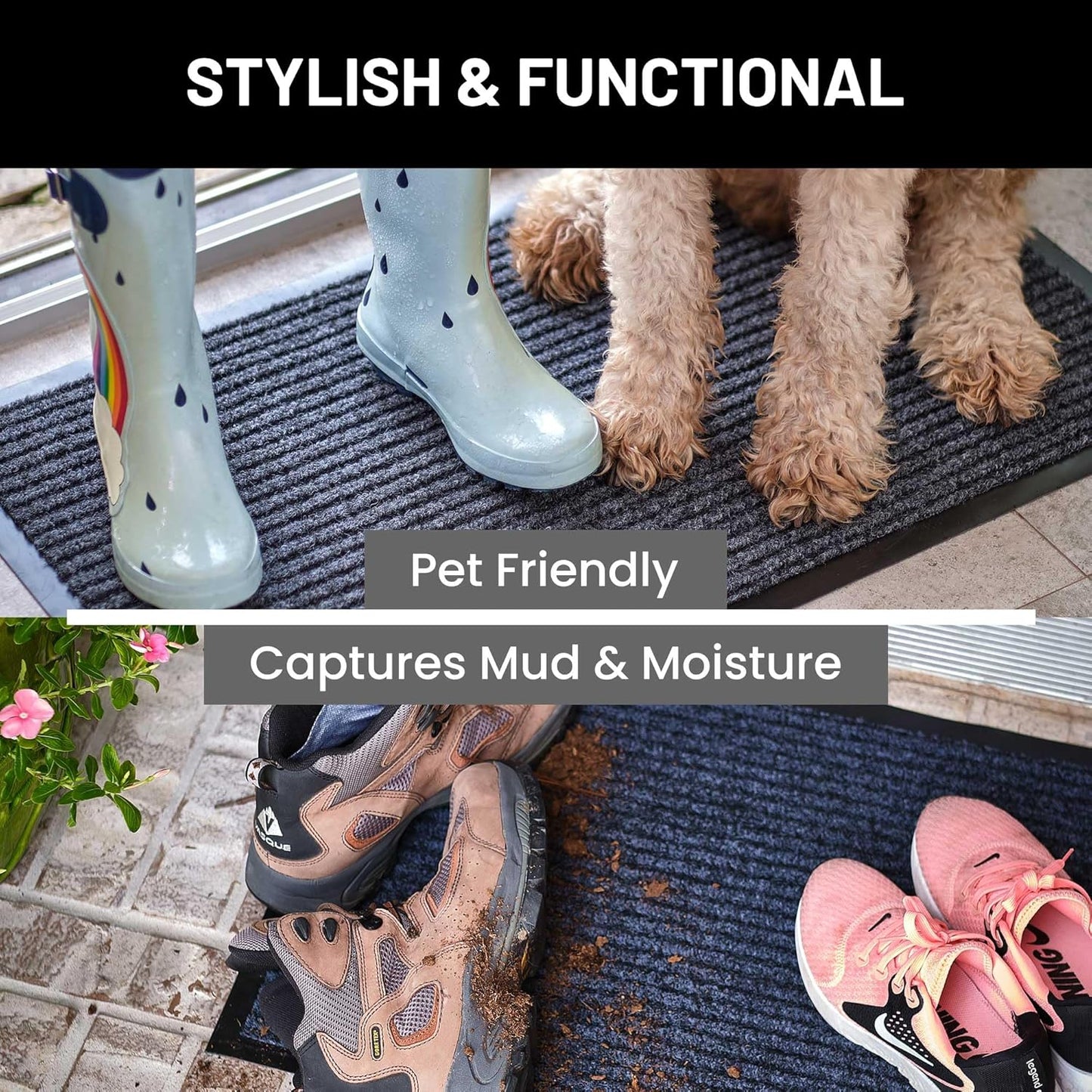 Sierra Concepts Front Door Mat Welcome Floor Mats - Entryway Indoor Outdoor Entrance Doormat, Patio, Porch, Muddy Shoe, Inside Outside Low Profile, 36x24 inches, 2-Pack Gray