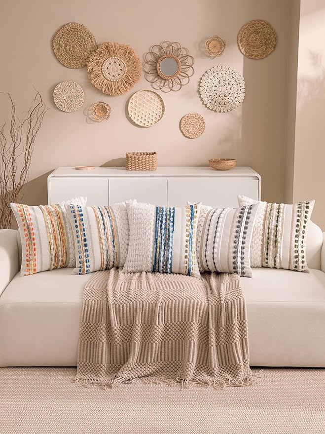 KOOLIFE Boho Chenille Tufted Couch Throw Pillow Covers 18x18 Inch Set of 2 Farmhouse Striped Decorative Pillow Covers Accent Neutral Square Pillowcase Grey Cushion Covers for Livingroom Sofa Bed