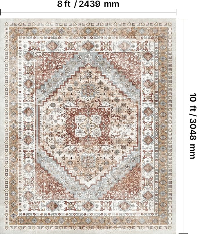 VEVOR 8 x 10 ft Area Rug Large Washable Rug Non-Slip and Tear-Resistant Soft Carpet Pet & Child Friendly Vintage Area Rugs Indoor Mat for Bedroom Living Room Kids Room Office Brown Red