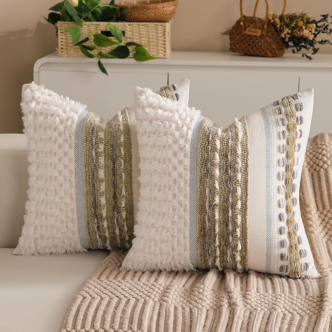 KOOLIFE Boho Chenille Tufted Couch Throw Pillow Covers 18x18 Inch Set of 2 Farmhouse Striped Decorative Pillow Covers Accent Neutral Pillowcase Brown Cushion Cover for Living Room Sofa Bed