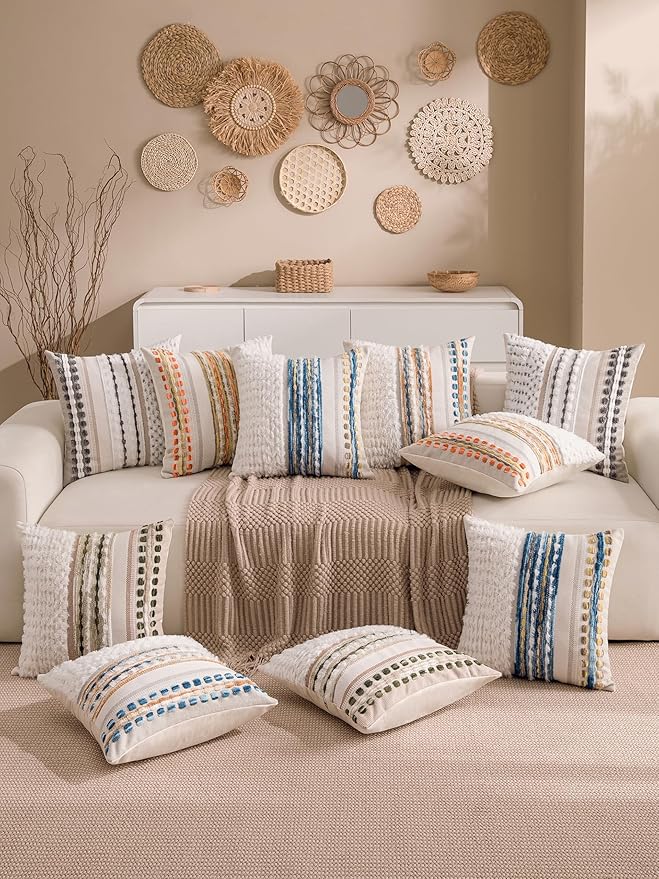 KOOLIFE Boho Chenille Tufted Couch Throw Pillow Covers 18x18 Inch Set of 2 Farmhouse Striped Decorative Pillow Covers Accent Neutral Square Pillowcase Grey Cushion Covers for Livingroom Sofa Bed