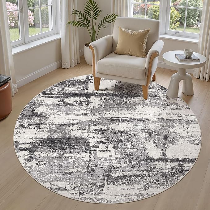 6ft Round Area Rugs for Living Room: 6x6 Abstract Washable Rug Modern Large Soft Stain Resistant Non-Slip Backing Machine Table for Bedroom Dining Room Indoor Home Office Carpet - Black Grey