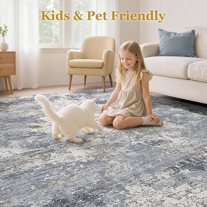 Area Rugs for Living Room: 9x12 Abstract Washable Rug Modern Neutral Large Soft Stain Resistant Non-Slip Backing Machine Table for Bedroom Dining Room Indoor Home Office Carpet - Light Denim Blue