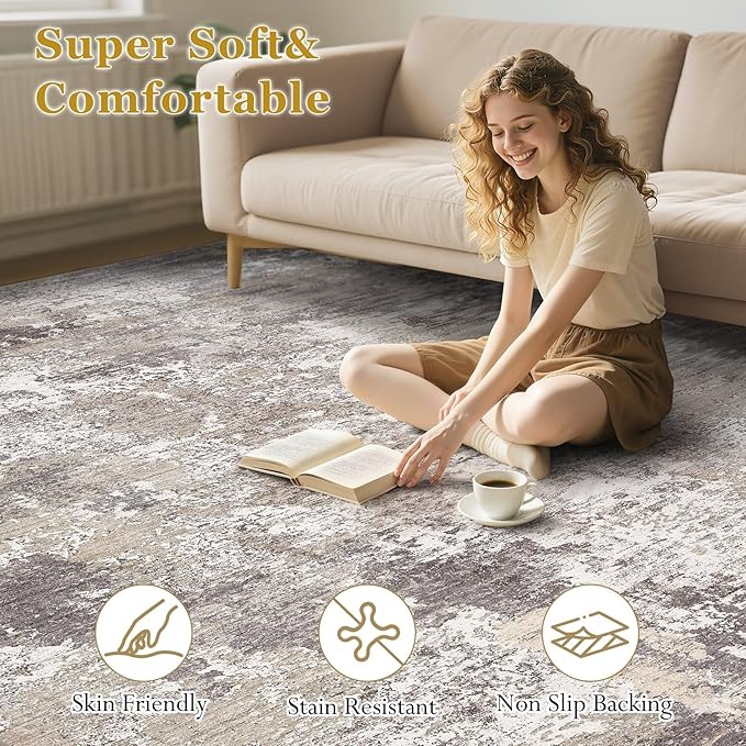 Area Rugs for Living Room: 6x9 Abstract Washable Rug Modern Neutral Large Soft Stain Resistant Non-Slip Backing Machine Table for Bedroom Dining Room Indoor Home Office Carpet - Light Brown