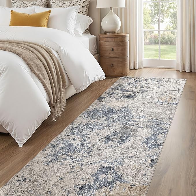 Hallway Washable Runner Rug: 3x14 Abstract Modern Soft Stain Resistant Non-Slip Backing Runner for for Entryway Kitchen Laundry - Blue Brown