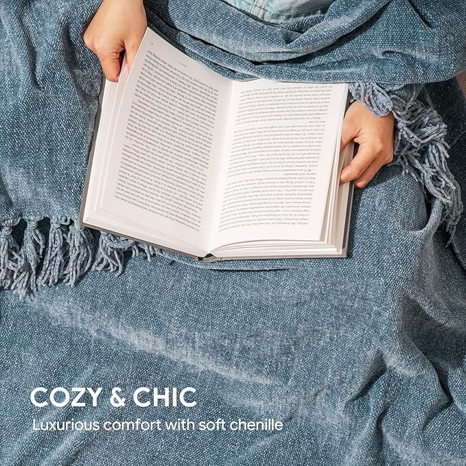RECYCO Throw Blanket Soft Cozy Chenille Throw Blanket with Fringe Tassel for Couch Sofa Chair Bed Living Room Gift (Dusty Blue, 60'' x 80'')