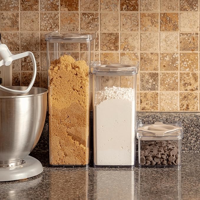 Leakproof Food Storage Container Set with Twist-Lock Lids, 3-Pack BPA-Free Stackable Pantry Canisters for Sugar, Flour, Pasta, Snacks (0.8qt (3.2 Cup), 1.9qt (7.6 Cup), 3qt (12 Cup)- Sand