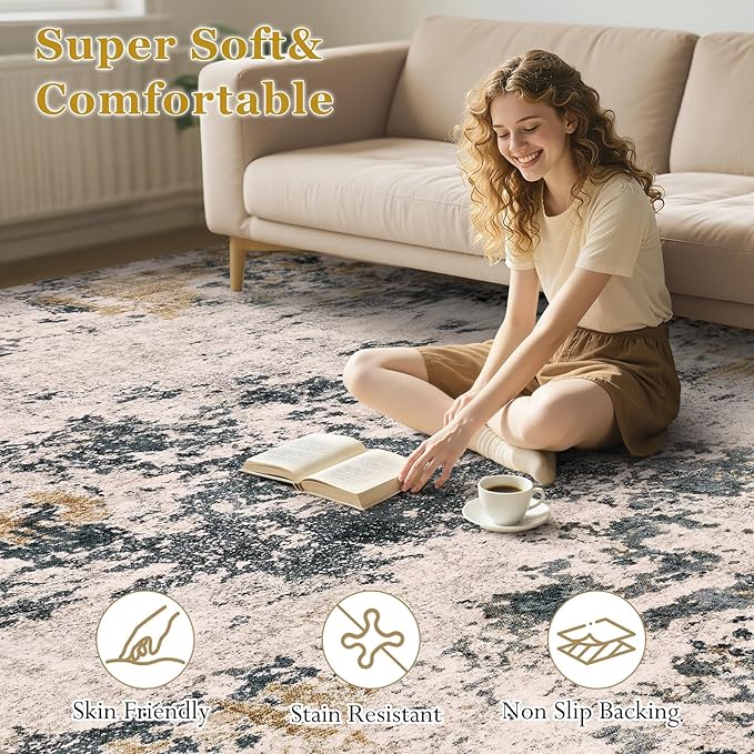 Area Rugs for Living Room: 7x9 Abstract Washable Rug Large Soft Stain Resistant Non-Slip Backing for Bedroom Dining Room Indoor Home Office Carpet for Kids Pet Friendly Families - Grey Gold