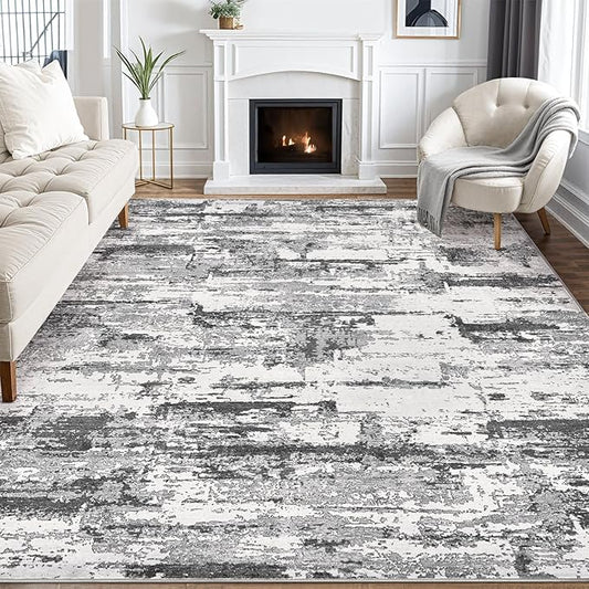 Area Rugs for Living Room: 12x15 Abstract Washable Rug Modern Neutral Large Soft Stain Resistant Non-Slip Backing Machine Table for Bedroom Dining Room Indoor Home Office Carpet - Black Grey