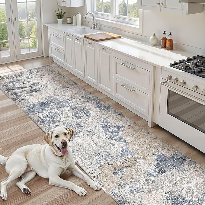 Hallway Washable Runner Rug: 3x14 Abstract Modern Soft Stain Resistant Non-Slip Backing Runner for for Entryway Kitchen Laundry - Blue Brown