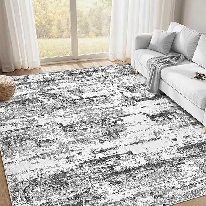 Area Rugs for Living Room: 5x8 Abstract Washable Rug Modern Neutral Large Soft Stain Resistant Non-Slip Backing Machine Table for Bedroom Dining Room Indoor Home Office Carpet - Black Grey