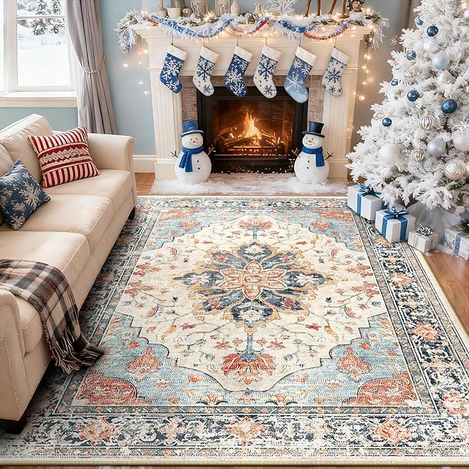RELEANY Area Rugs 6'x8' Washable Non-Slip, Floral Vintage Distress Print Pattern Medallion Carpet for Living Room Bedroom Dining Room, Beige Navy Blue Orange Colorful