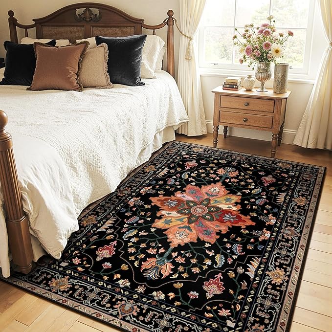 RELEANY Area Rugs 4'x6' Washable Non-Slip, Floral Vintage Distress Print Pattern Medallion Carpet for Living Room Bedroom Dining Room, Black Colorful Floral Dark Tan
