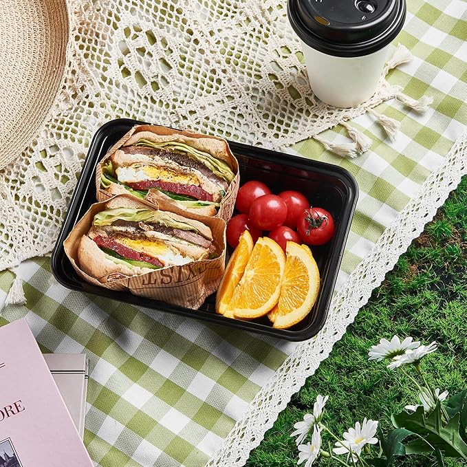 FULING 32 oz 150Pack Plastic Meal Prep Food Storage Containers with Lids Reusable 1 Compartment To Go Lunch Box Black Extra Large &Thick Microwave Freezer Dishwasher Safe BPA Free Stackable