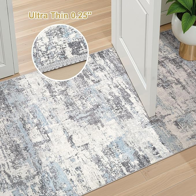 Hallway Washable Runner Rug: 3x5 Abstract Modern Soft Stain Resistant Non-Slip Backing Runner for for Entryway Kitchen Laundry Living Bathroom - Blue Grey