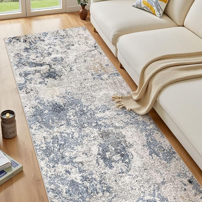 Hallway Washable Runner Rug: 3x8 Abstract Modern Soft Stain Resistant Non-Slip Backing Runner for for Entryway Kitchen Laundry - Blue Brown