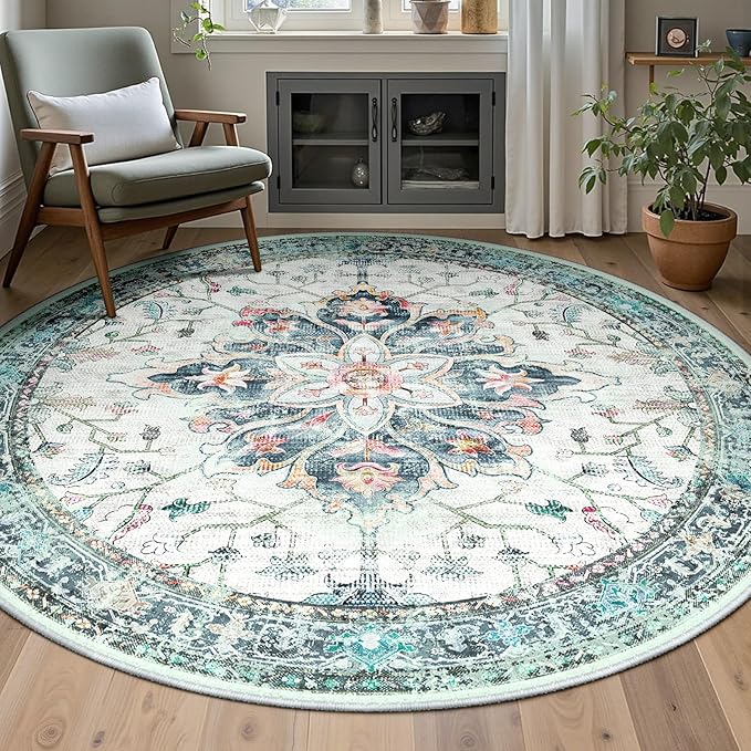 RELEANY Area Rugs 6ft Washable Non-Slip, Floral Vintage Distress Print Pattern Medallion Carpet for Living Room Bedroom Dining Room, Green Navy Blue White Red Teal Colorful