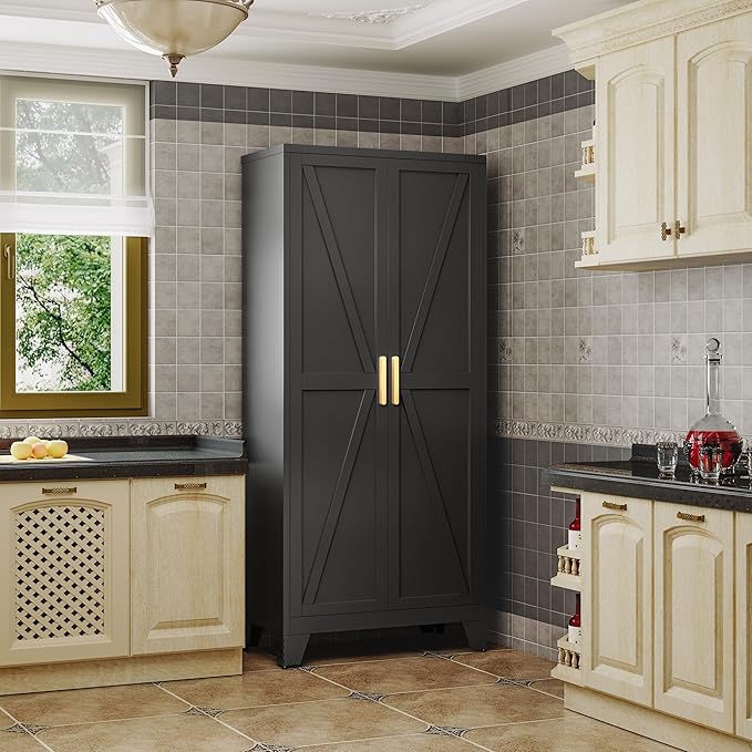 71" Storage Cabinet with Doors and Shelves, Tall Freestanding Pantry Cabinet in Black with 2 Doors & 4 Adjustable Shelves, All-Steel Farmhouse Cupboard for Kitchen, Garage, Laundry Room