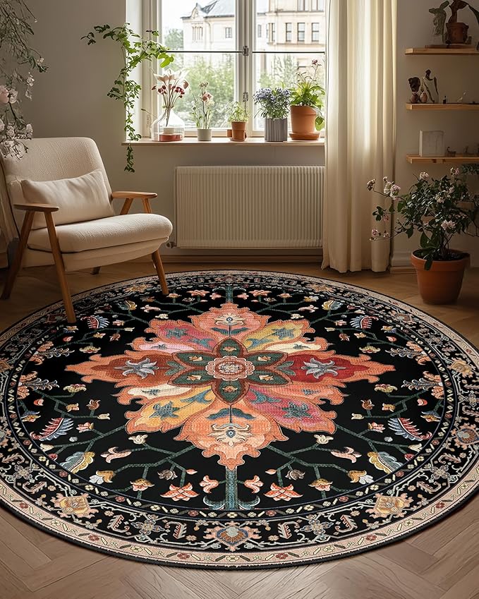 RELEANY Area Rugs 4ft Washable Non-Slip, Floral Vintage Distress Print Pattern Medallion Carpet for Living Room Bedroom Dining Room, Black Colorful Floral Dark Tan