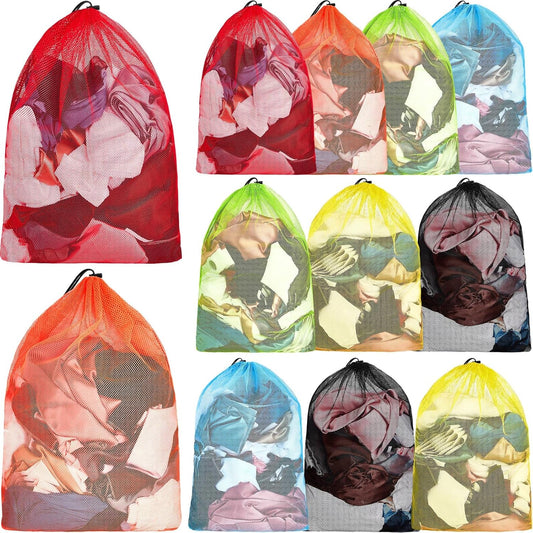Berlune 12 Pcs Large Laundry Bag Colorful Extra Large Mesh Laundry Bag Bulk with Drawstring Heavy Duty Mesh Machine Washable Drawstring Pouch (32 * 24in)