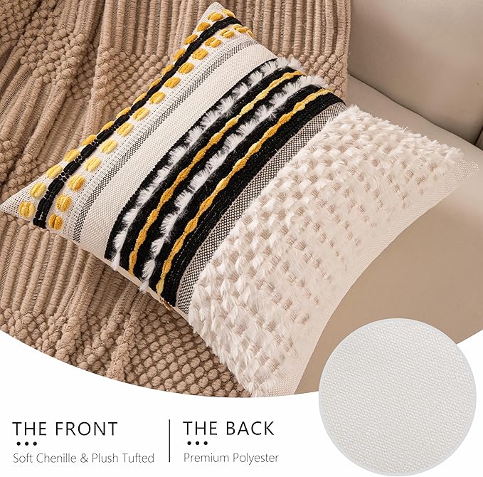 KOOLIFE Boho Chenille Tufted Couch Throw Pillow Covers 18x18 Inch Set of 2 Farmhouse Striped Decorative Pillow Covers Accent Neutral Pillowcase Black Yellow Cushion Cover for Living Room Sofa Bed