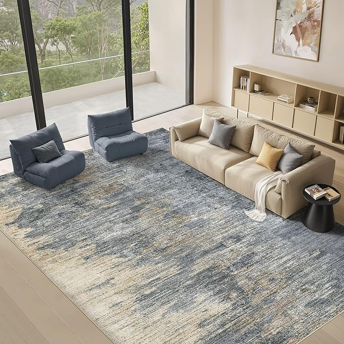 Area Rugs for Living Room: 8x10 Abstract Washable Rug Modern Neutral Large Soft Stain Resistant Non-Slip Backing Machine Table for Bedroom Dining Room Indoor Home Office Carpet - Blue Gold