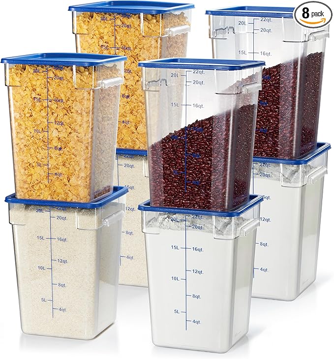CURTA 8-Pack 22 Qt NSF Clear Polycarbonate Food Storage Containers with Blue Lids - Square, Commercial-Grade, Freezer & Dishwasher Safe, Stackable