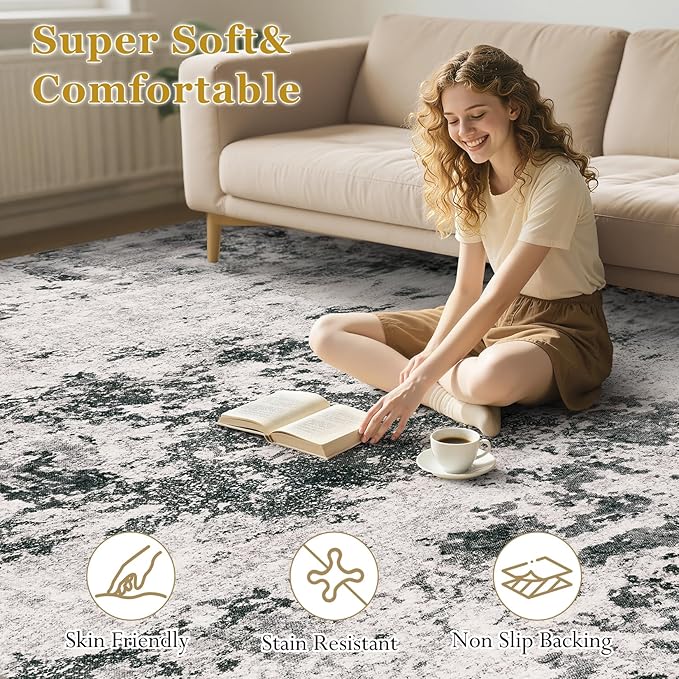 Area Rugs for Living Room: 7x9 Abstract Washable Rug Large Soft Stain Resistant Non-Slip Backing for Bedroom Dining Room Indoor Home Office Carpet for Kids Pet Friendly Families - Dark Grey