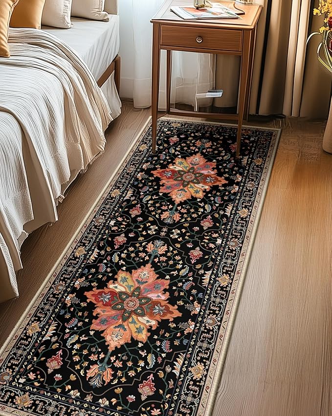 RELEANY Area Rugs 2'x6' Runner Rug Non Slip Washable for Kitchen Hallway Bedroom Beside Laundry Room Bathroom Rug, Floor Carpet, Black Colorful Floral Dark Tan