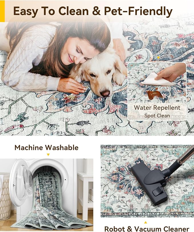 RELEANY Area Rugs 6'x9' Washable Non-Slip, Floral Vintage Distress Print Pattern Medallion Carpet for Living Room Bedroom Dining Room, Green Navy Blue White Red Teal Colorful