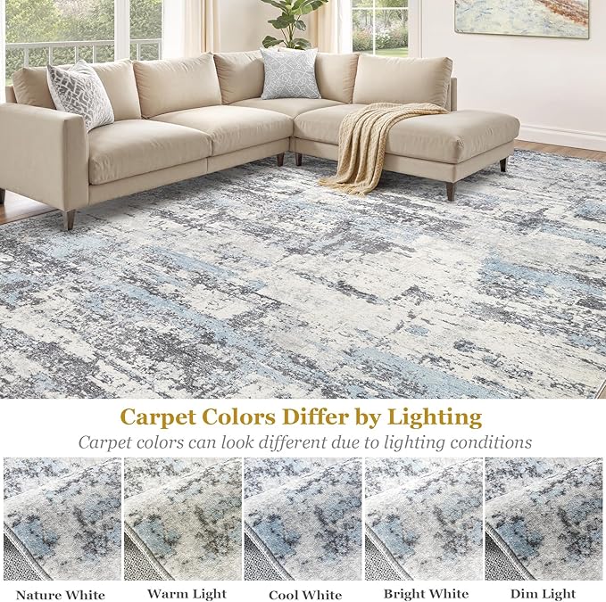 Area Rugs for Living Room: 8x10 Abstract Washable Rug Modern Neutral Large Soft Stain Resistant Non-Slip Backing Machine Table for Bedroom Dining Room Indoor Home Office Carpet - Blue Grey