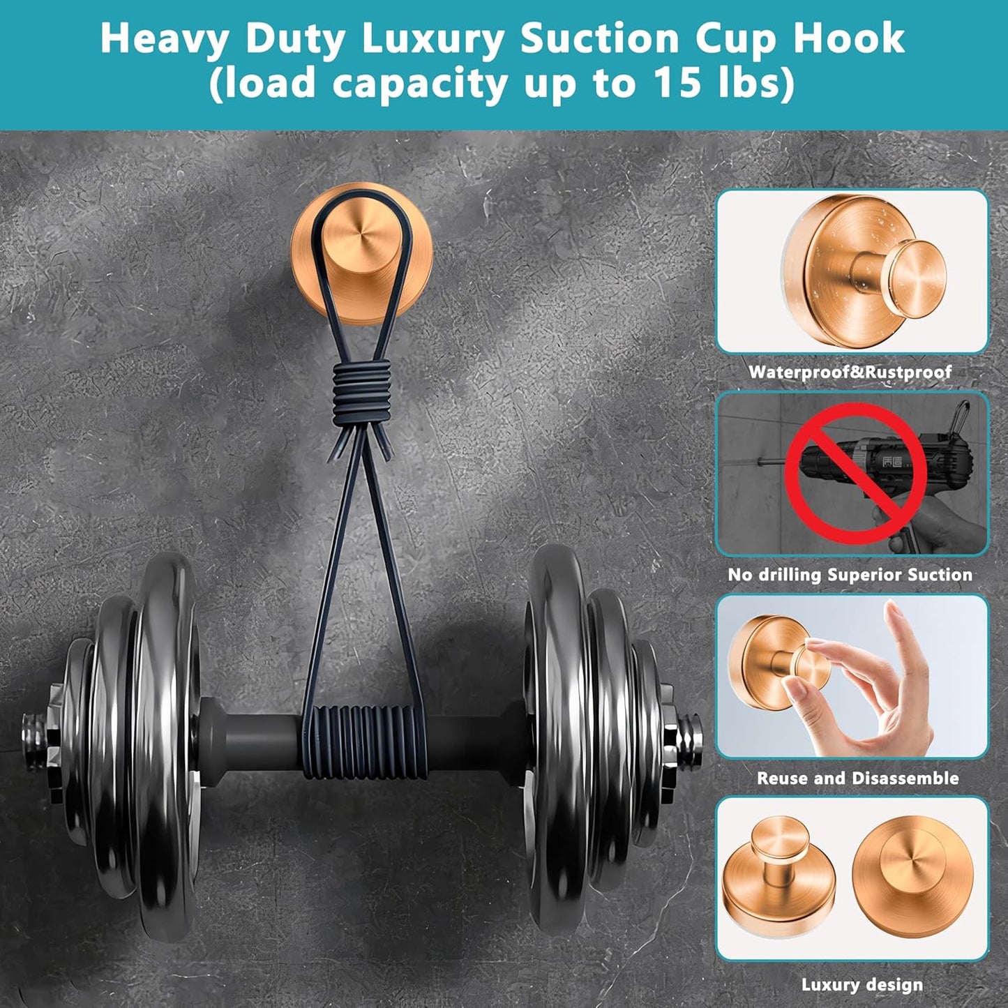 Suction Cup Hooks for Shower,Wreath Hanger for Front Door,Removable No Drill Towel Loofah Hooks,Upgraded 15 lbs Strong Suction for Bathroom,Wall,Glass,Stainless Waterproof-Rose Gold 2 Pcs