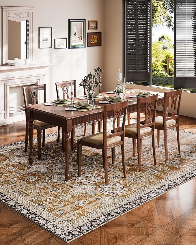 VEVOR 9 x 12 ft Area Rug Large Washable Rug Non-Slip and Tear-Resistant Soft Carpet Pet & Child Friendly Vintage Area Rugs Indoor Mat for Bedroom Living Room Kids Room Office Brown Green