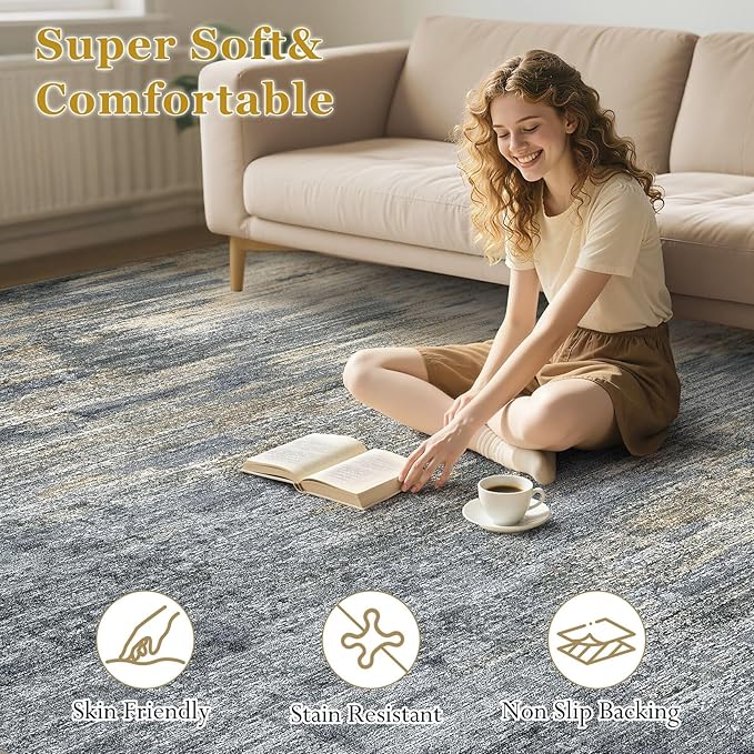 Area Rugs for Living Room: 9x12 Abstract Washable Rug Large Soft Stain Resistant Non-Slip Backing for Bedroom Dining Room Indoor Home Office Carpet for Kids Pet Friendly Families - Blue Gold