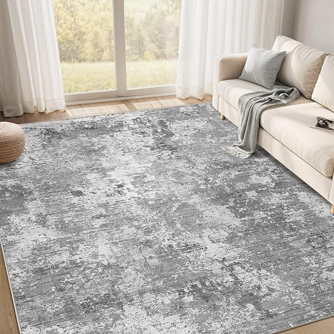 Area Rugs for Living Room: 6x9 Abstract Washable Rug Modern Neutral Large Soft Stain Resistant Non-Slip Backing Machine Table for Bedroom Dining Room Indoor Home Office Carpet - Light Grey