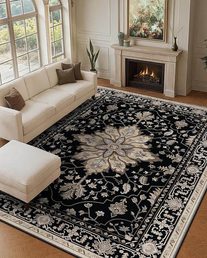 RELEANY Area Rugs 9'x12' Washable Non-Slip, Floral Vintage Distress Print Pattern Medallion Carpet for Living Room Bedroom Dining Room, Black Brown Neutral Dark Tan