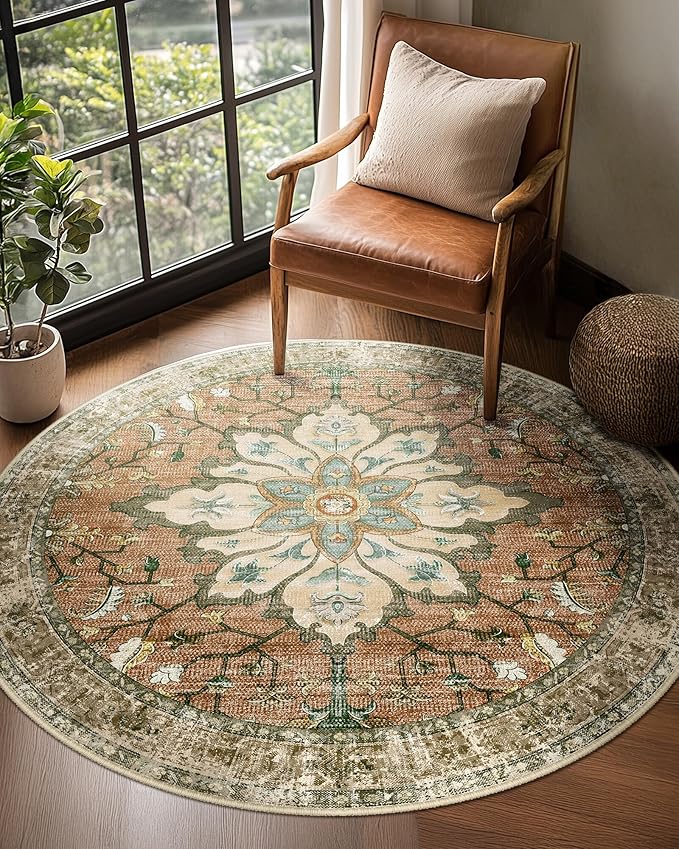 RELEANY Area Rugs 4ft Washable Non-Slip, Floral Vintage Distress Print Pattern Medallion Carpet for Living Room Bedroom Dining Room, Brick Red Rust Neutral Brown Burnt Orange