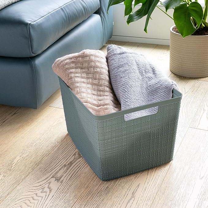 Curver Set of 4 Jute Large Decorative Plastic Organization and Storage Baskets, Perfect Bins for Home Office, Closet Shelves, Kitchen Pantry and All Bedroom Essentials, Grey