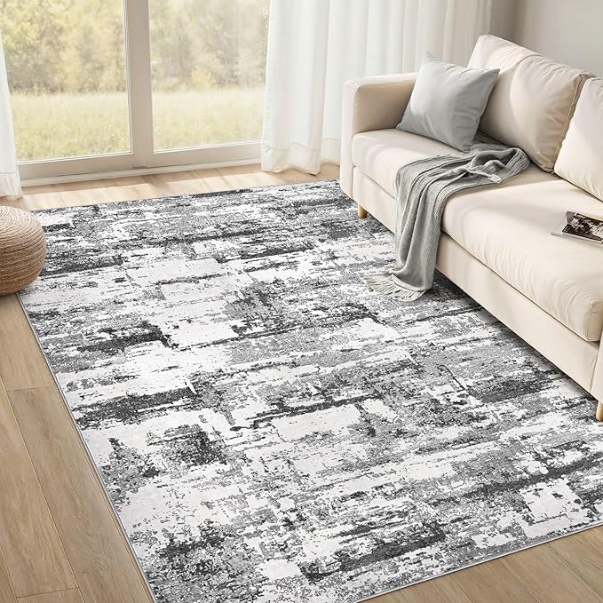 Area Rugs for Living Room: 6x8 Abstract Washable Rug Modern Neutral Large Soft Stain Resistant Non-Slip Backing Machine Table for Bedroom Dining Room Indoor Home Office Carpet - Black Grey
