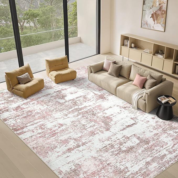 Area Rugs for Living Room: 10x12 Abstract Washable Rug Large Soft Stain Resistant Non-Slip Backing for Bedroom Dining Room Indoor Home Office Carpet for Kids Pet Friendly Families - Pink