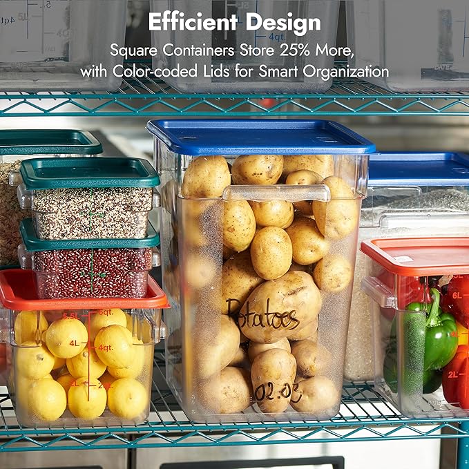 CURTA 8-Pack 4 Qt NSF Clear Polycarbonate Food Storage Containers with Green Lids - Square, Commercial-Grade, Freezer & Dishwasher Safe, Stackable