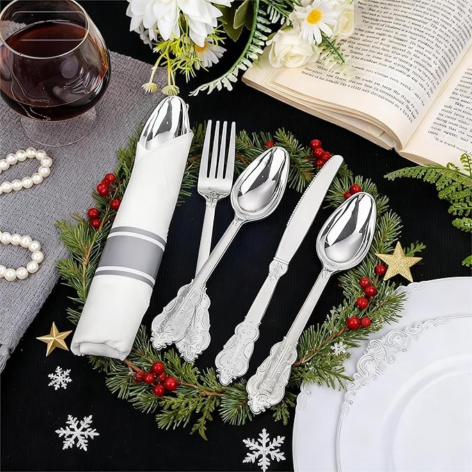 Liacere 400PCS Silver Plastic Silverware - Pre Rolled Napkins Disposable Silver Cutlery-Premium Quality Gold Plastic Utensils - Includes 100Forks,100Knives,100Spoons,100Napkins&Christmas