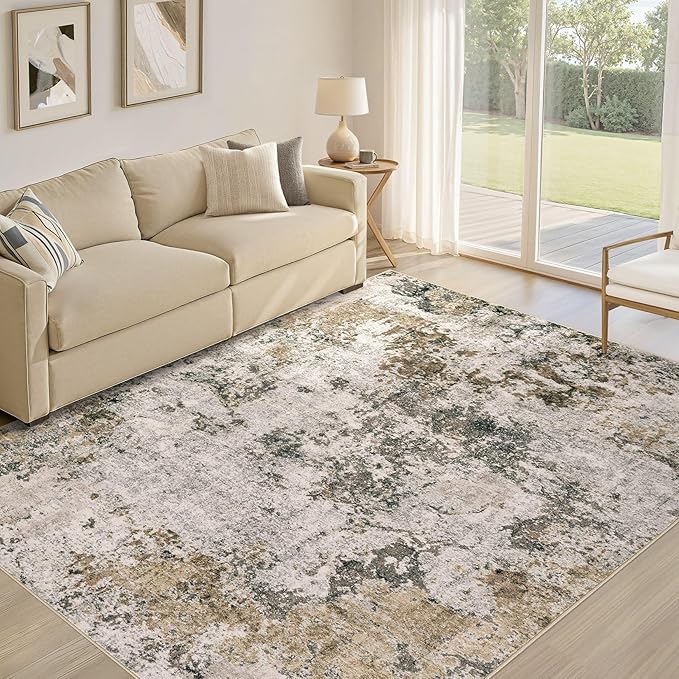 Area Rugs for Living Room: 5x8 Abstract Washable Rug Modern Neutral Large Soft Stain Resistant Non-Slip Backing Machine Table for Bedroom Dining Room Indoor Home Office Carpet - Dark Brown