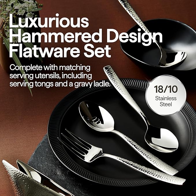 Luciella Ponza Flatware Set for 8, 45-Piece Stainless Steel Silverware Set with Serving Utensils, Timeless Hammered Design, Rust-Resistant, Mirror Polished & Dishwasher Safe