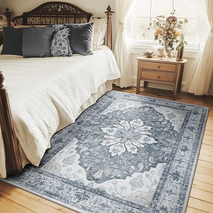 RELEANY Area Rugs 4'x6' Washable Non-Slip, Floral Vintage Distress Print Pattern Medallion Carpet for Living Room Bedroom Dining Room, Light Gray Grey White