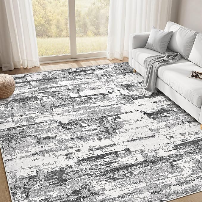 Area Rugs for Living Room: 8x10 Abstract Washable Rug Modern Neutral Large Soft Stain Resistant Non-Slip Backing Machine Table for Bedroom Dining Room Indoor Home Office Carpet - Black Grey