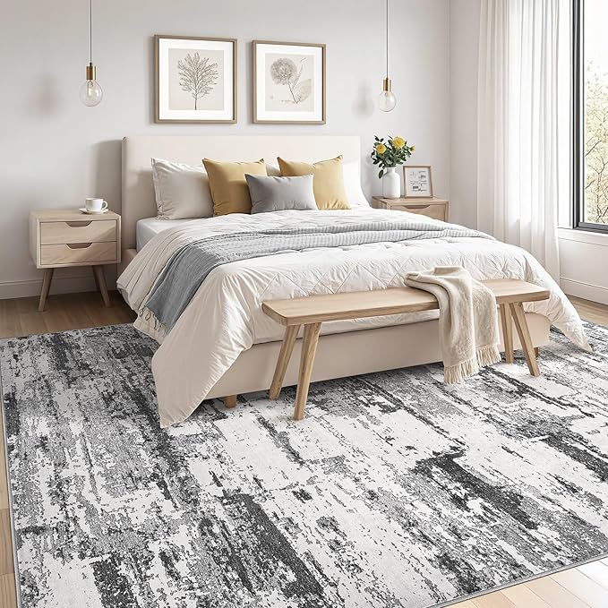 Area Rugs for Living Room: 6x9 Abstract Washable Rug Modern Neutral Large Soft Stain Resistant Non-Slip Backing Machine Table for Bedroom Dining Room Indoor Home Office Carpet - Black Grey